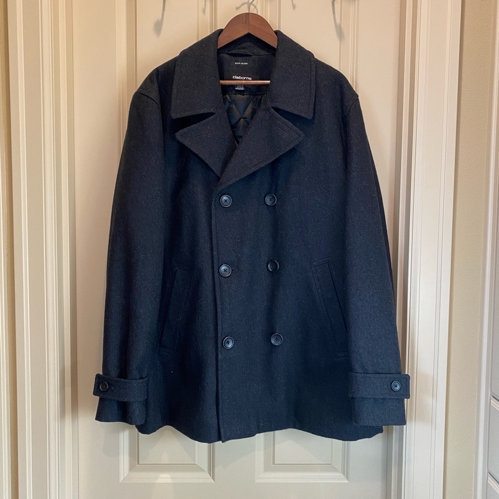 Men’s charcoal gray wool blend pea coat.